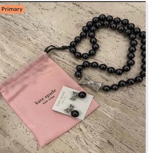 Kate Spade “All Wrapped Up” Black Faux Pearl Necklace with Silver Bow & Earrings